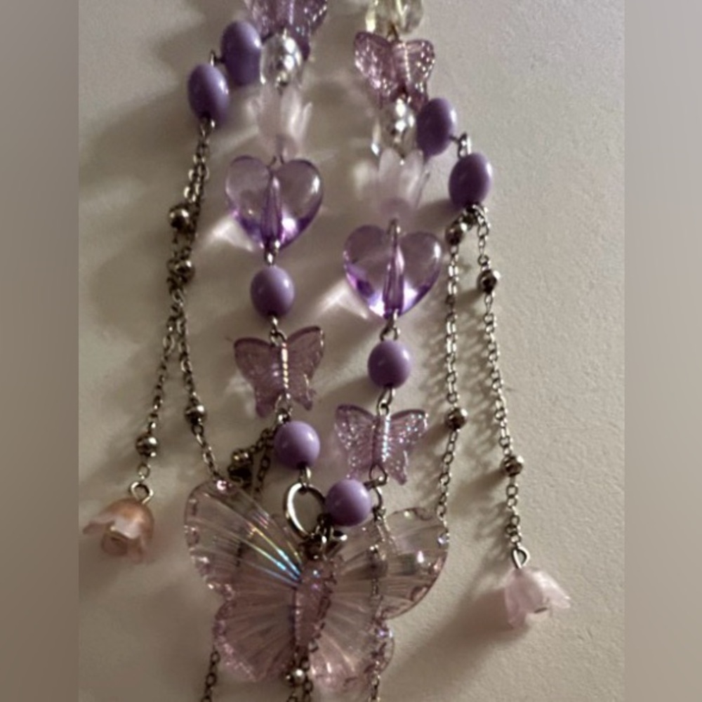 Necklace Hearts, Butterflies, stars Flowers, Crystals Lavender, Acrylic, Magical